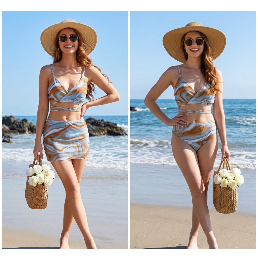 Marble Swirl 3 Piece Bikini Set Mesh Skirt Cover Up Blue Orange 2XL Coastal Y2K